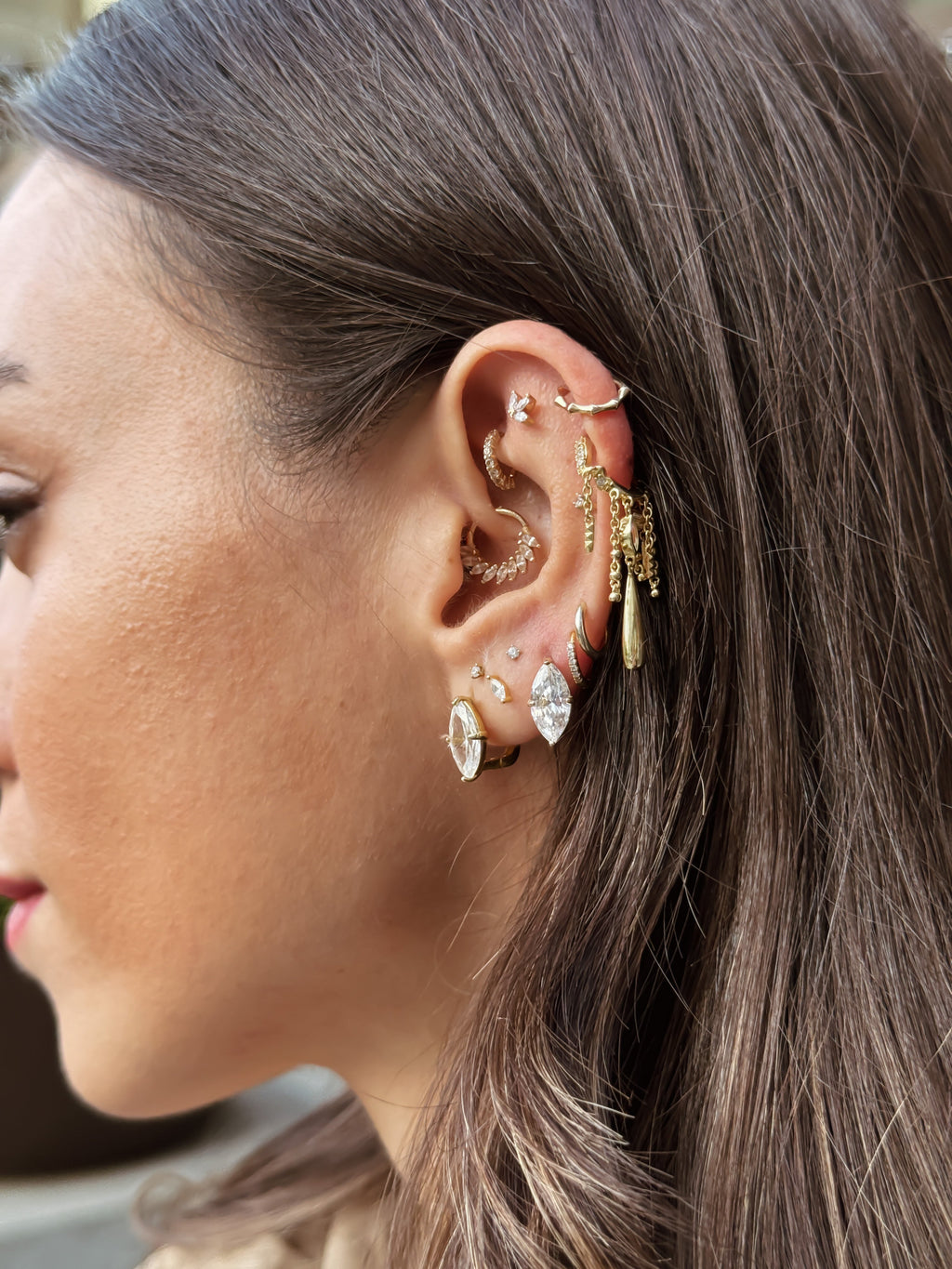 Lugo  Drop Markiz taşlı Zincirli Piercing Küpe