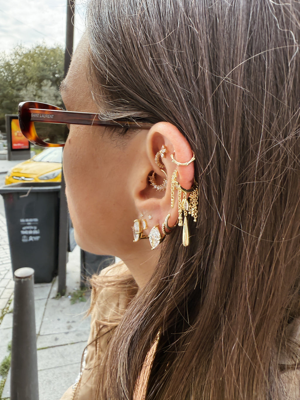 Lugo  Drop Markiz taşlı Zincirli Piercing Küpe